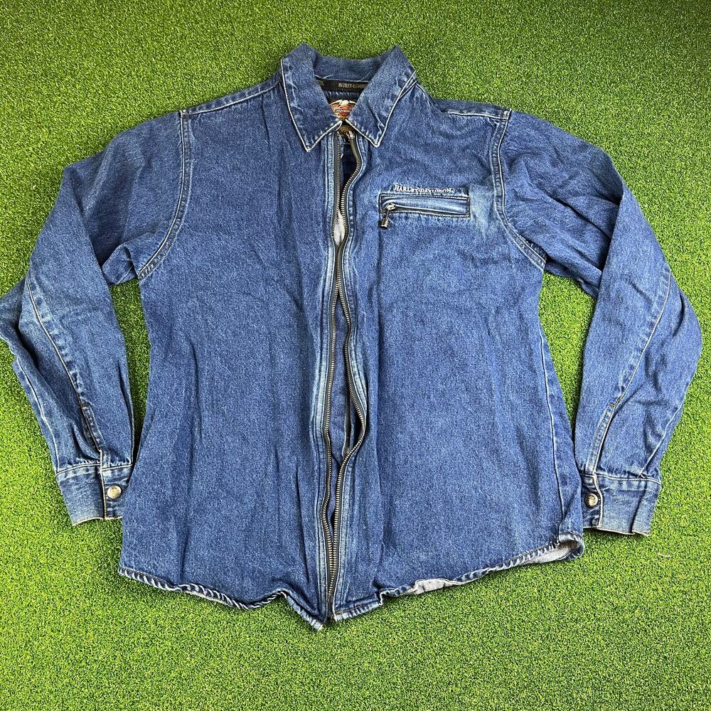 Harley-Davidson Men’s Denim Zip Shirt Jacket Blue L Wing Logo Vintage See Desc.